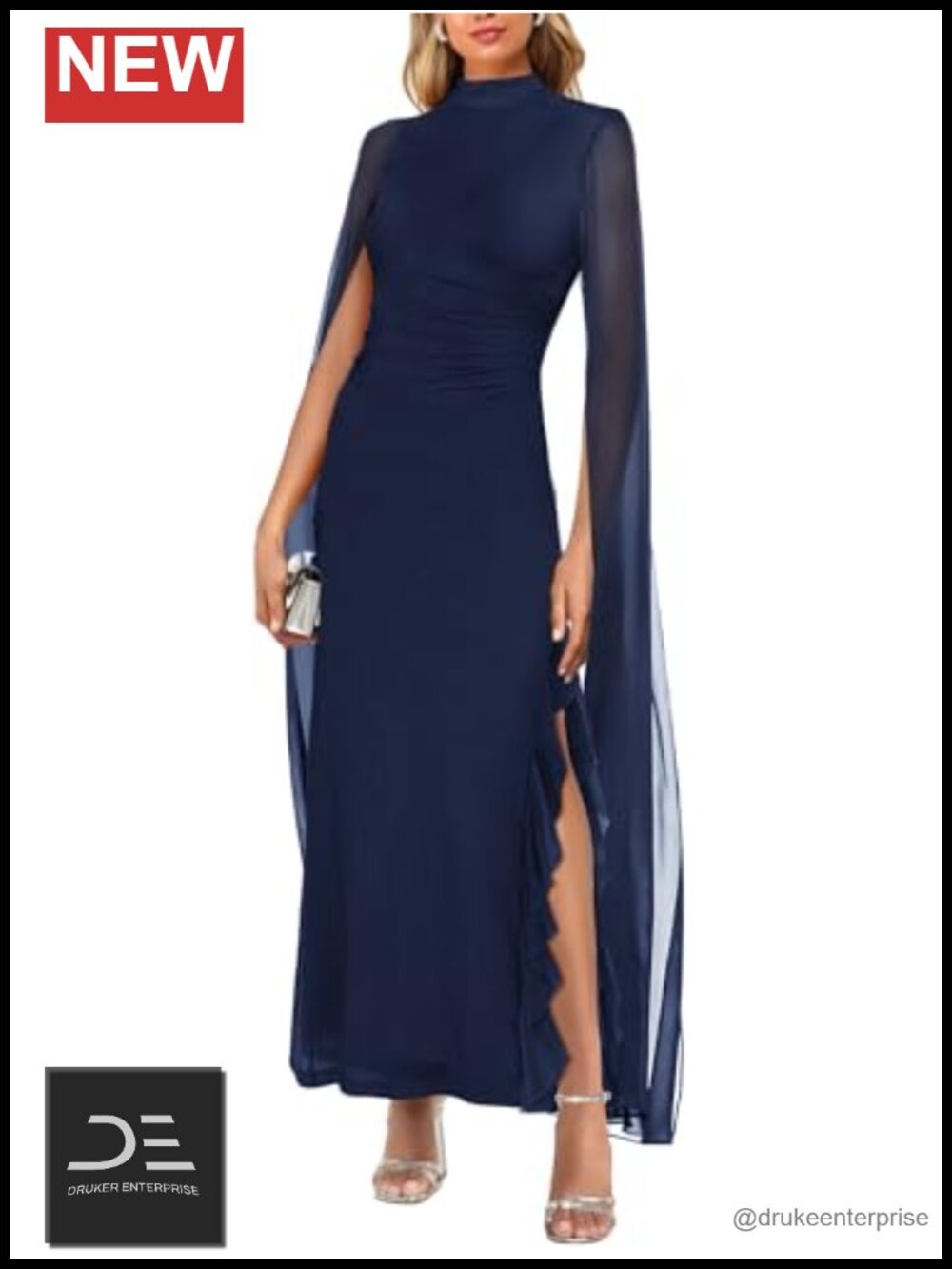 Women's Formal Mesh Ruched Bodycon Maxi Dress Long Sleeve High Split - Picture 4 of 6